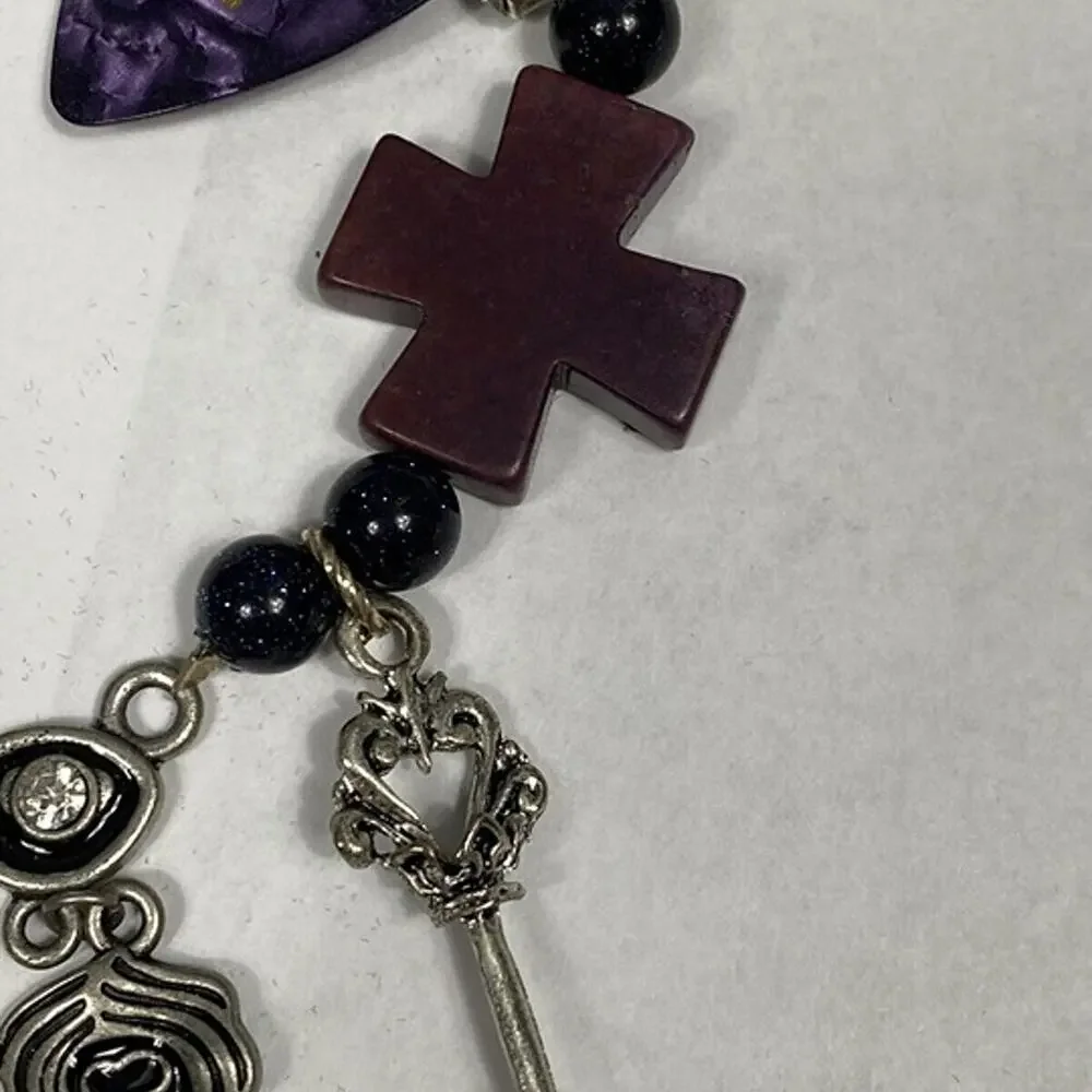 Handmade Purple Cross Statement Necklace Peacock Feather Charms Boho Gothic OOAK